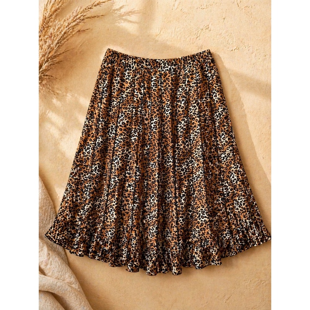 Leopard Print Midi Skirt Pleated Ruffle Hem Flowy Boho Y2K Brown Black Size M